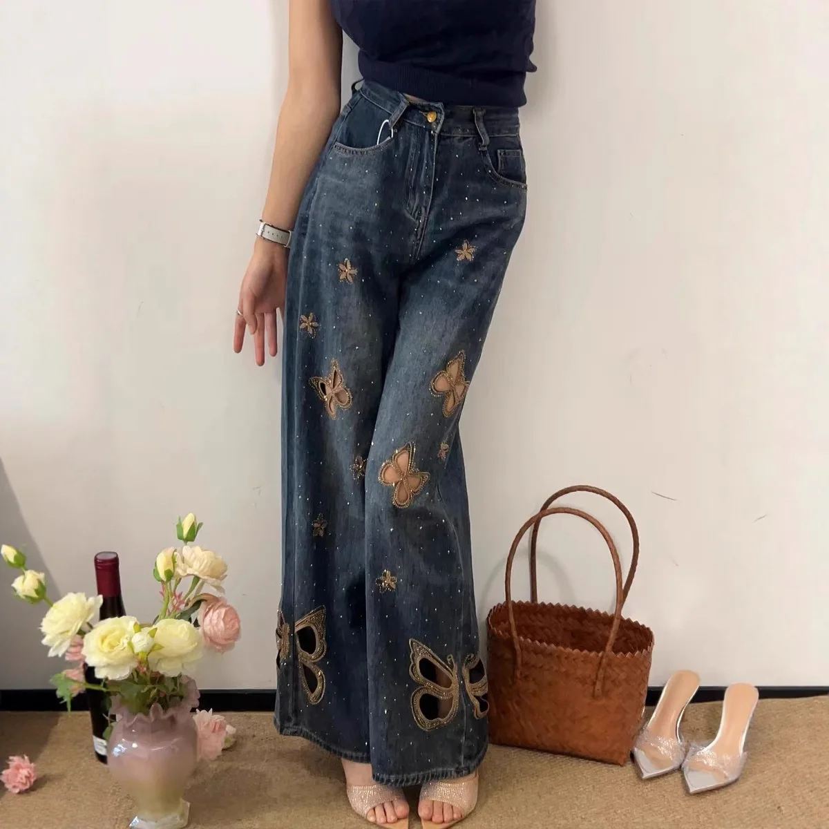 Heavy Industry Butterfly Embroidery Rhinestone Hollow Out Jeans For Women 2025 Autumn High Waist Loose Slimming Straight Wide