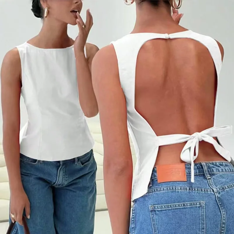 Women's Backless Tank Top Summer Club Knot Tee Top Sleeveless Slim Fit Vest Inner Wear Pure Color Casual Fashion