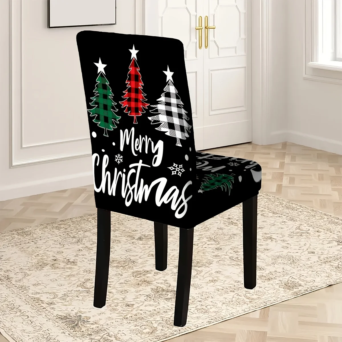 Black Background Buffalo Plaid Christmas Tree Dining Chair Cover Stretch Spandex Chair Slipcover Farmhouse Xmas Dining Decor