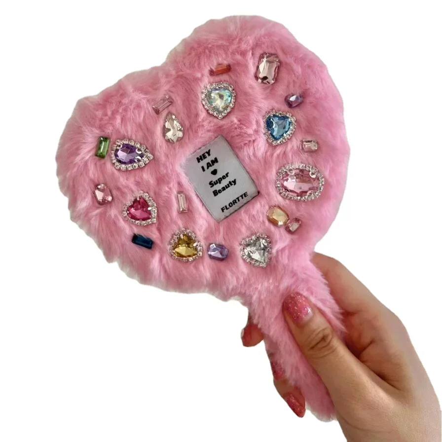 Flente - portable hand mirror with handle for women and girls, plush, love, cosmetics