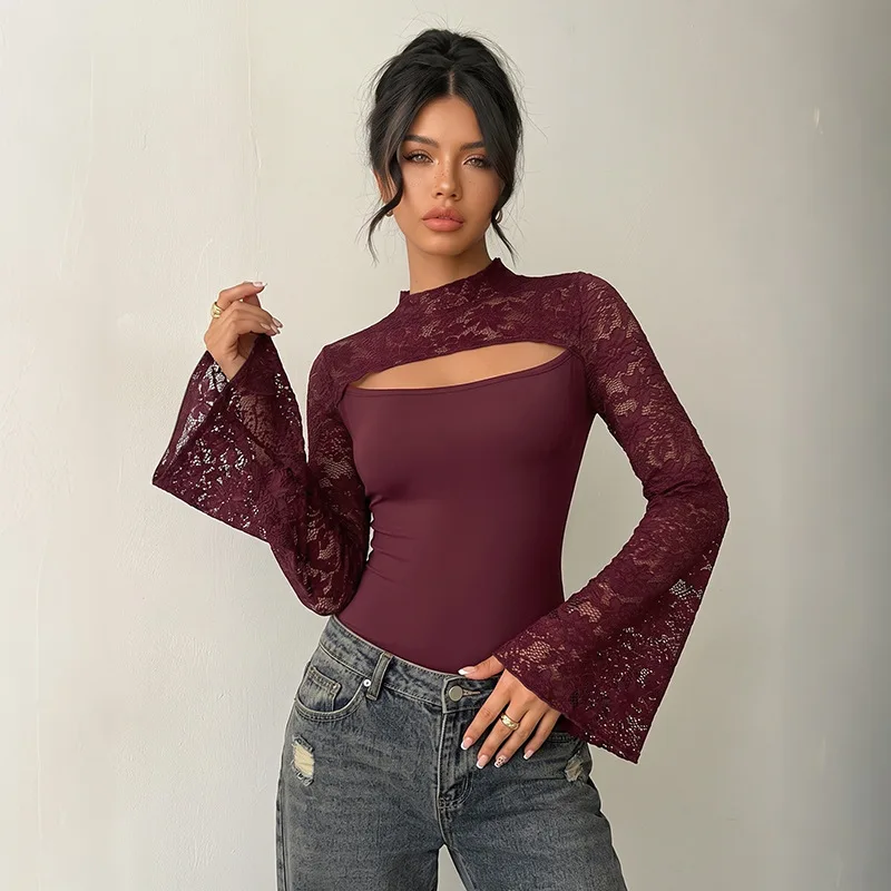 Women's Lace Cutout Flare Sleeve Bodysuit Shorts Hollow Out High Neck Slim Fit Trendy Casual Commute Office Daily Wear Jumpsuit