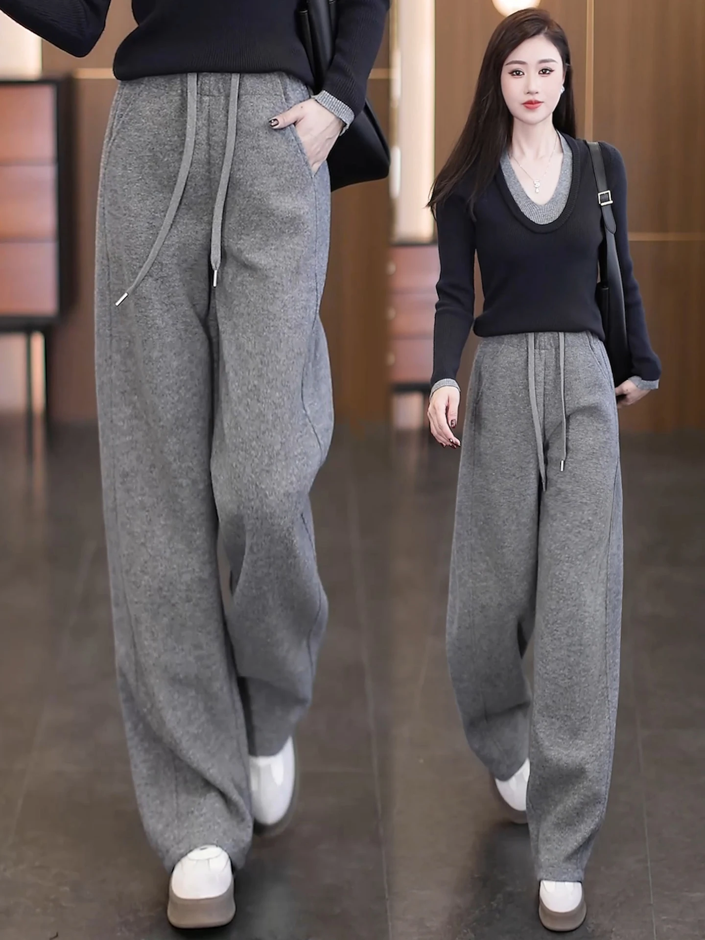 

Женские шерстяные брюки с высокой талией и широкими штанинами, осенне-зимняя новинка, популярные повседневные брюки на флисовой подкладке