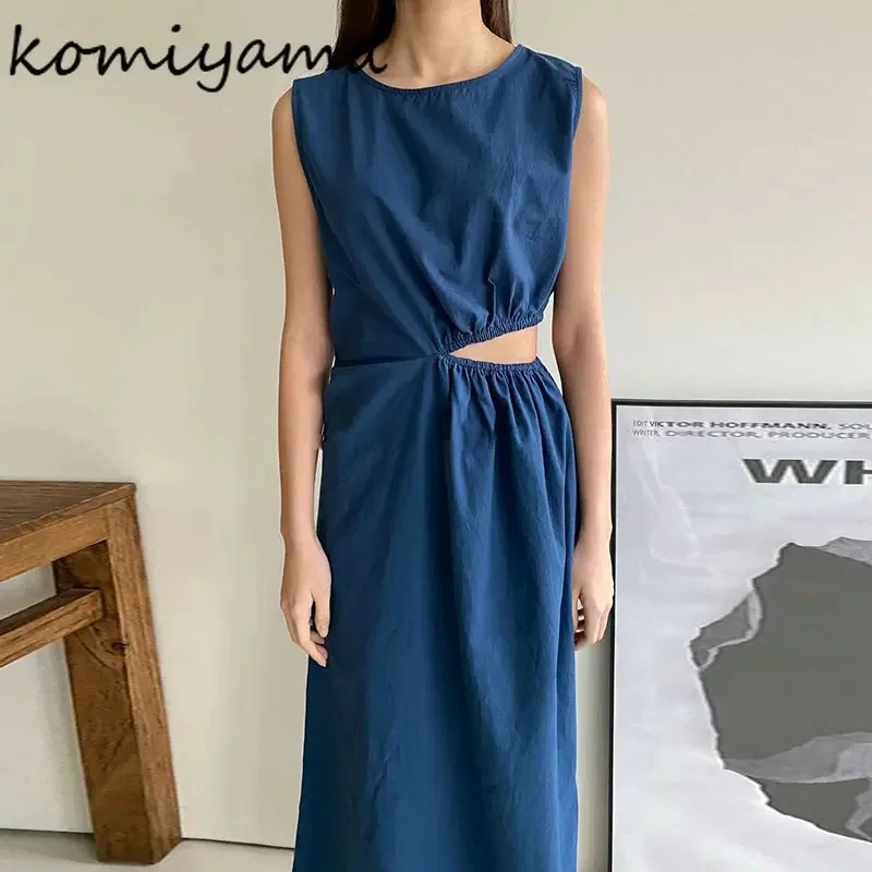 

Komiyama Feminnino Sexy Hollow Out Waist Dress O Neck Sleeveless Vestidos Summer Tank Dresses Women Vinatge Robe Femme