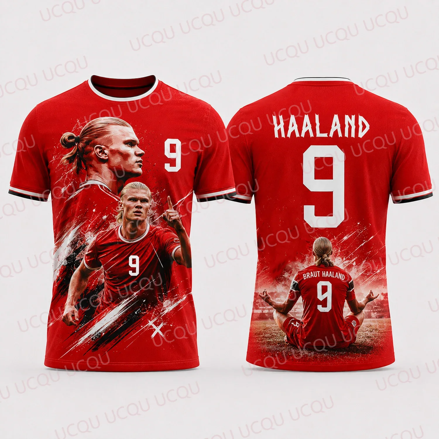 Men Double Sided Red Soccer Tee Splash Graffiti Front Athlete Profile No.9 Print Back Figure Letter Digit 9 Short Sleeve Top