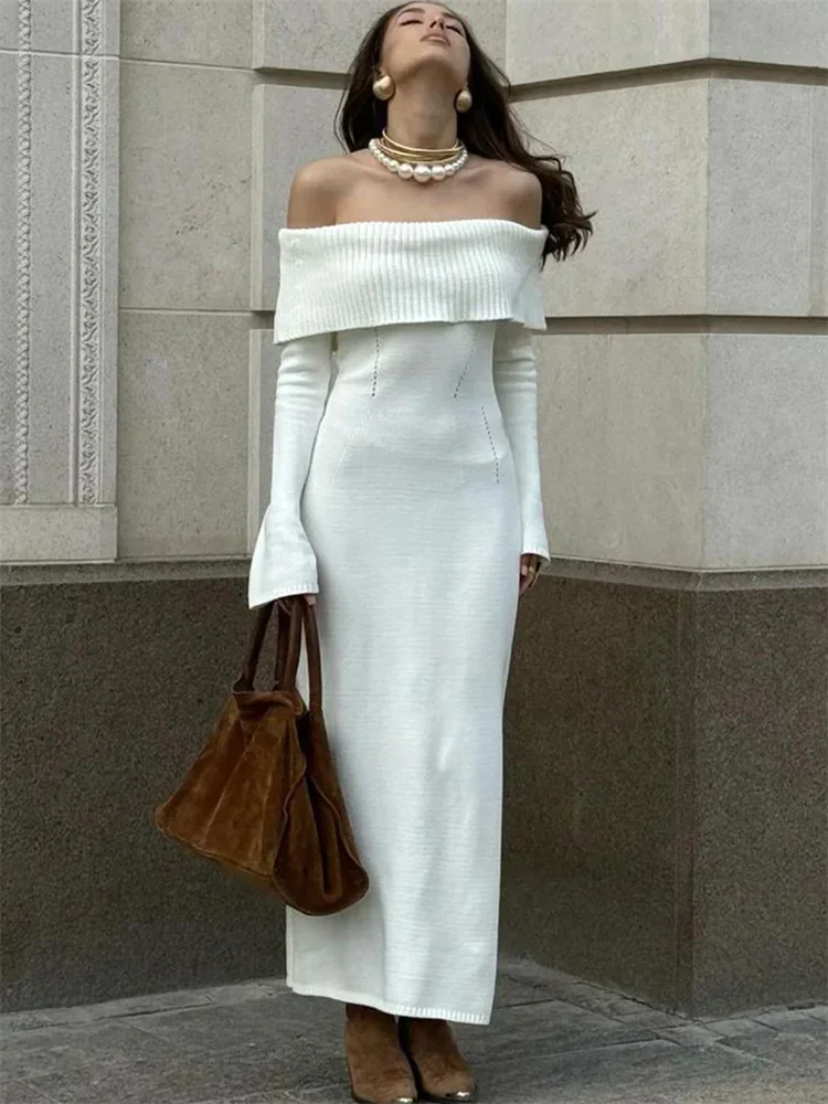 

White Autumn Knit Sweater Long Dress Women Ribbed High Waist Fashion Off-Shoulder Loose Party Dress Female Knitwear Dress