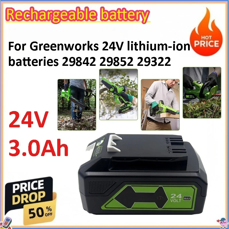 24V 3Ah Li-ion Replacement Battery for Greenworks 29842 29852 29322 Compatible with G24B2 BAG708 21342 Lawn Mower Trimmer