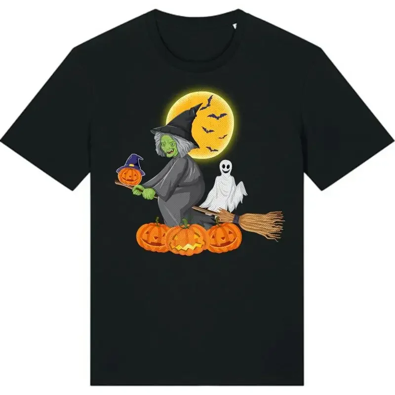 

Halloween Witch Ghost Pumpkin Ride Graphic Cotton T Shirt Casual Crew Neck Tee