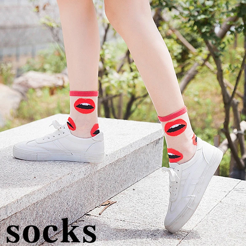 1 Pair Women Flower Sock Summer Lace Crystal Glass Silk Socks Short Thin Transparent Roses Jacquard Elastic Ultra Thin Socks