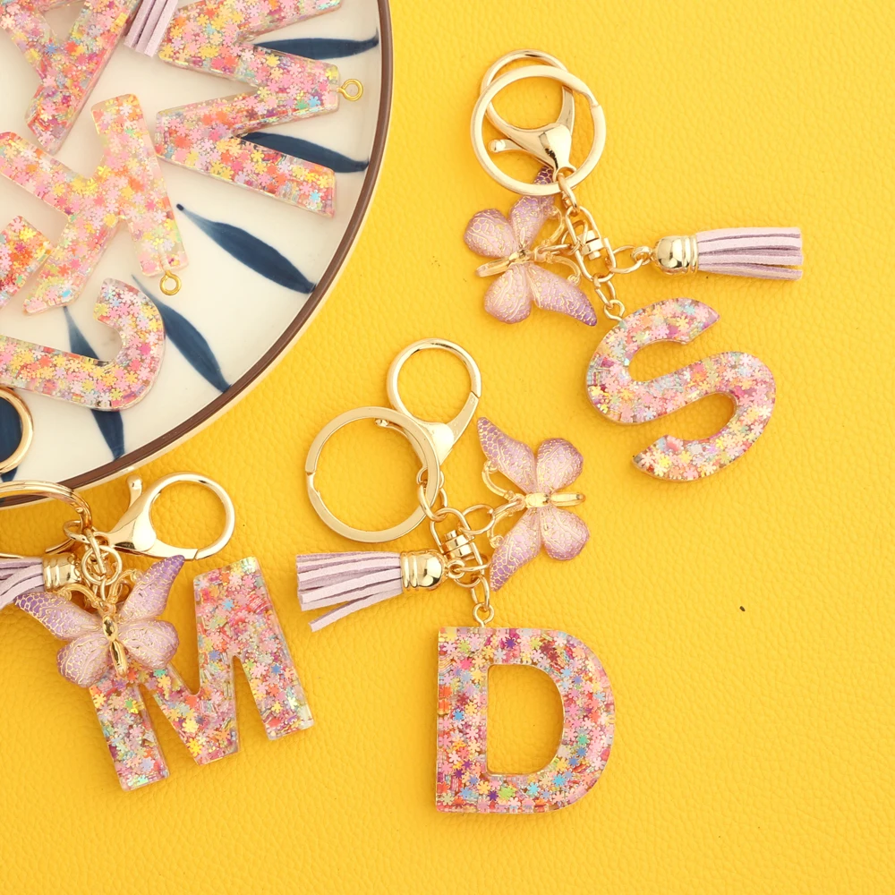 Fashion Resin A-Z Initial Letter Keychain For Women Pink Sparkle Butterfly Tassel Alphabet Keyring For Purse Handbags Car Keys