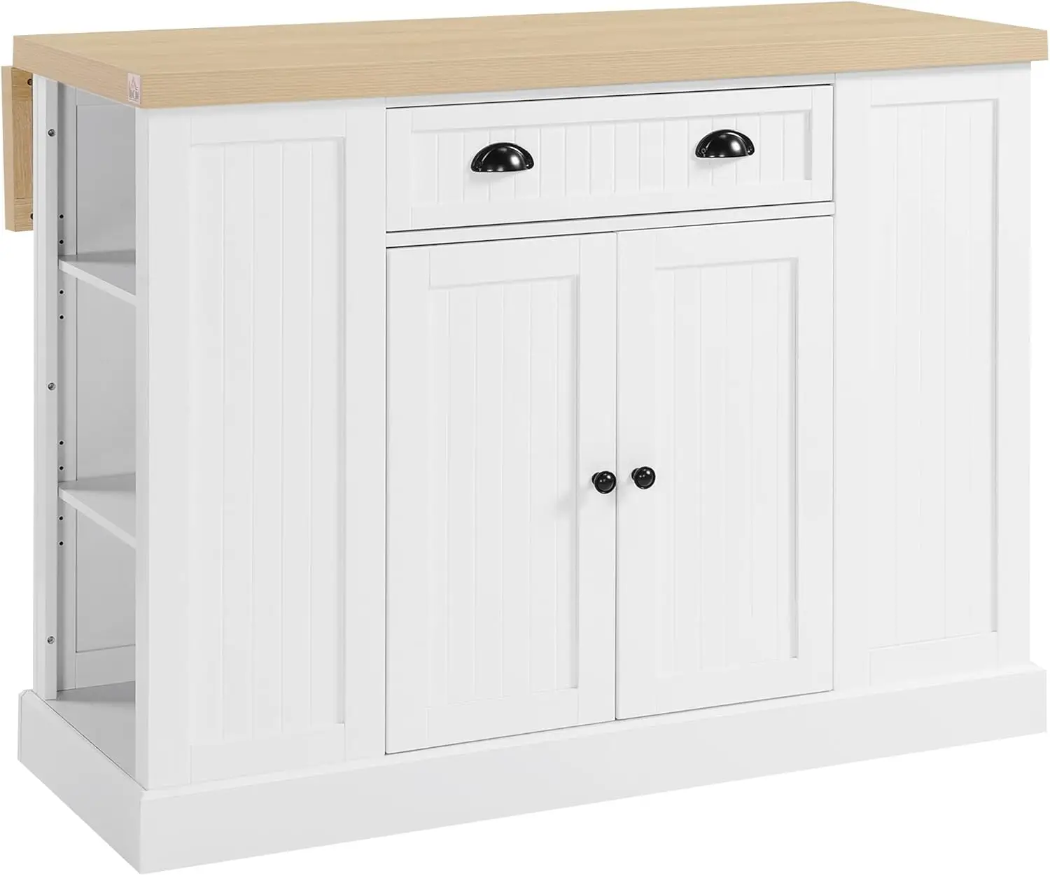 HOMCOM Isla de cocina de madera estilo estriado de 47", gabinete de almacenamiento para encimera de cocina con hoja abatible, cajón, estantes abiertos, almacenamiento,