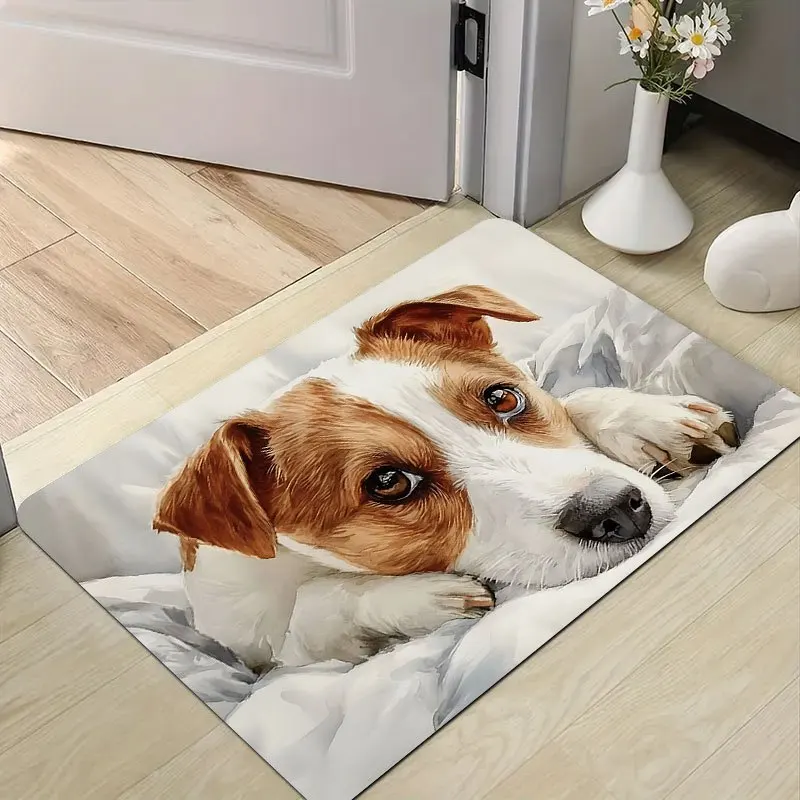 2D Flat Jack Russell Terrier Puppy Face Realistic Pet Flannel Door Mat Non Slip Cute Dog Lover Rug For Entryway Bedroom Floor
