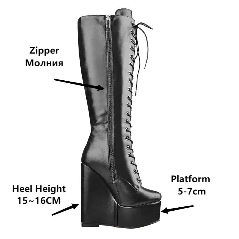 Onlymaker Women Platform Wedge Heels Knee High Boots Lace Up Side Zip Heeled Plus Size Black Handmade Boots
