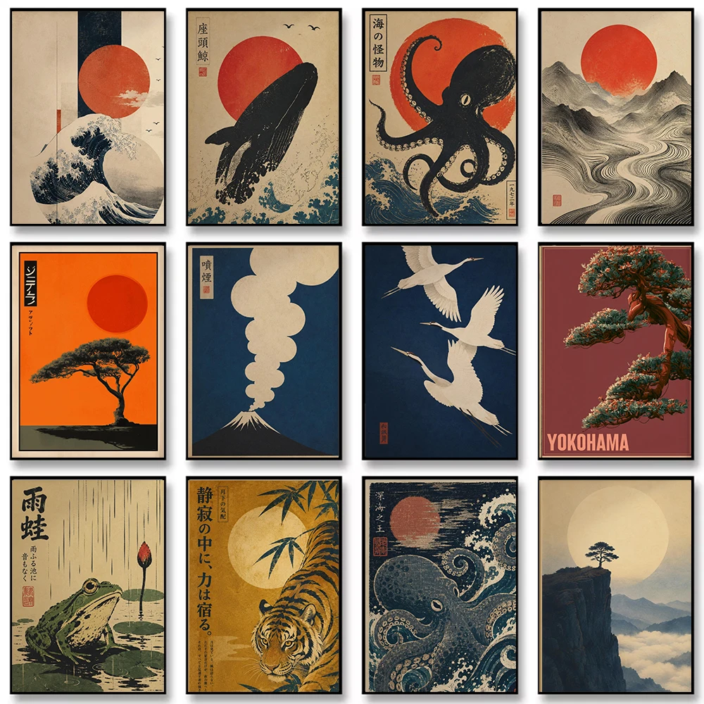 Retro Japanese Ukiyo-e Sea Monster Bonsai Flying Cranes Wave Canvas Painting Wall Art Poster Picture Home Decor Mural Cuadros