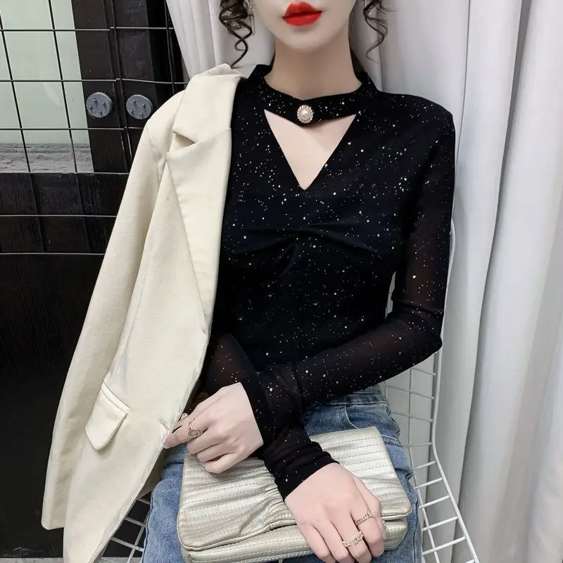 Sexy Hollow Mesh Sheer Elegant Chic Glitter Fashion Party Club Basic T Shirt Women V-Neck Long Sleeve Black Top Female Clothing