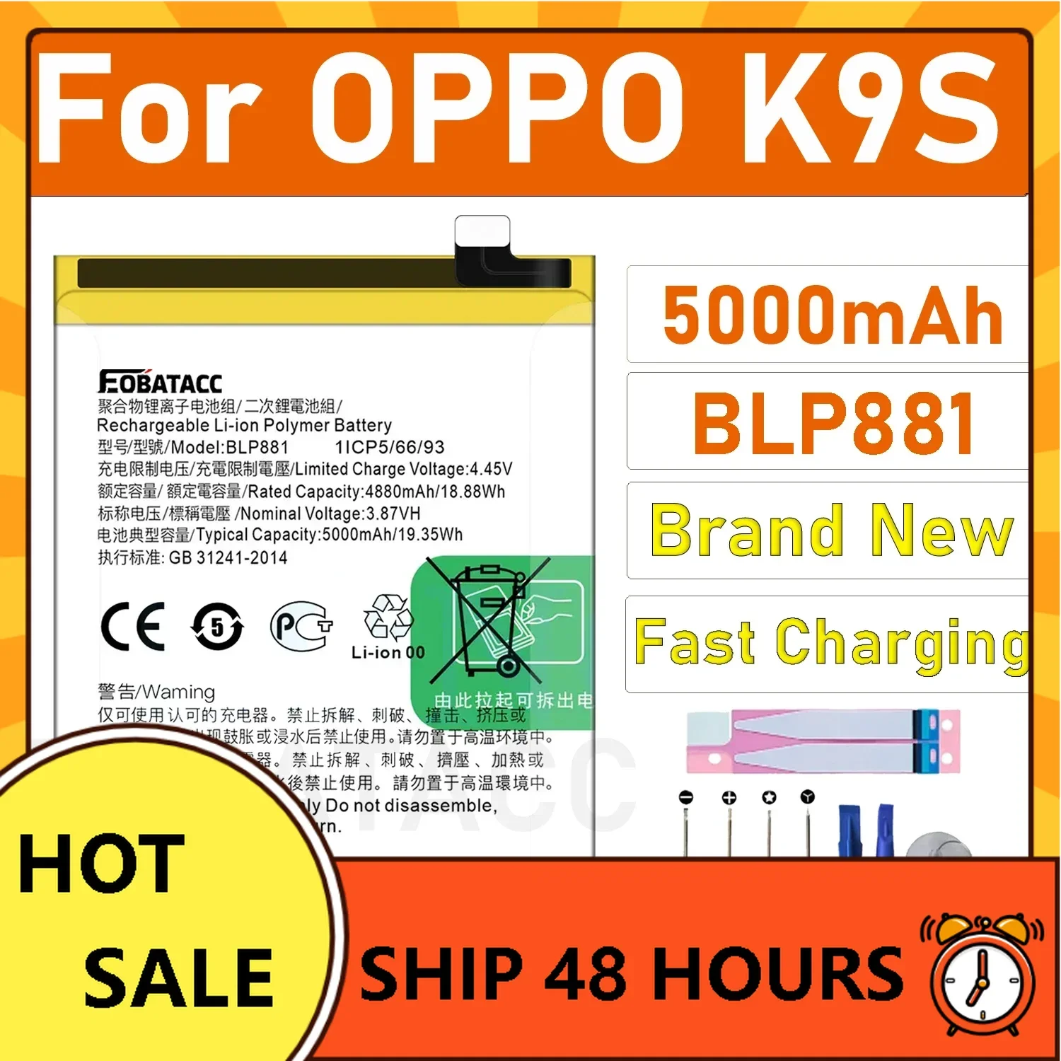 

2025 Years EOBATACC New 100% Original BLP881 Battery For OPPO K9S Batteries + Tools