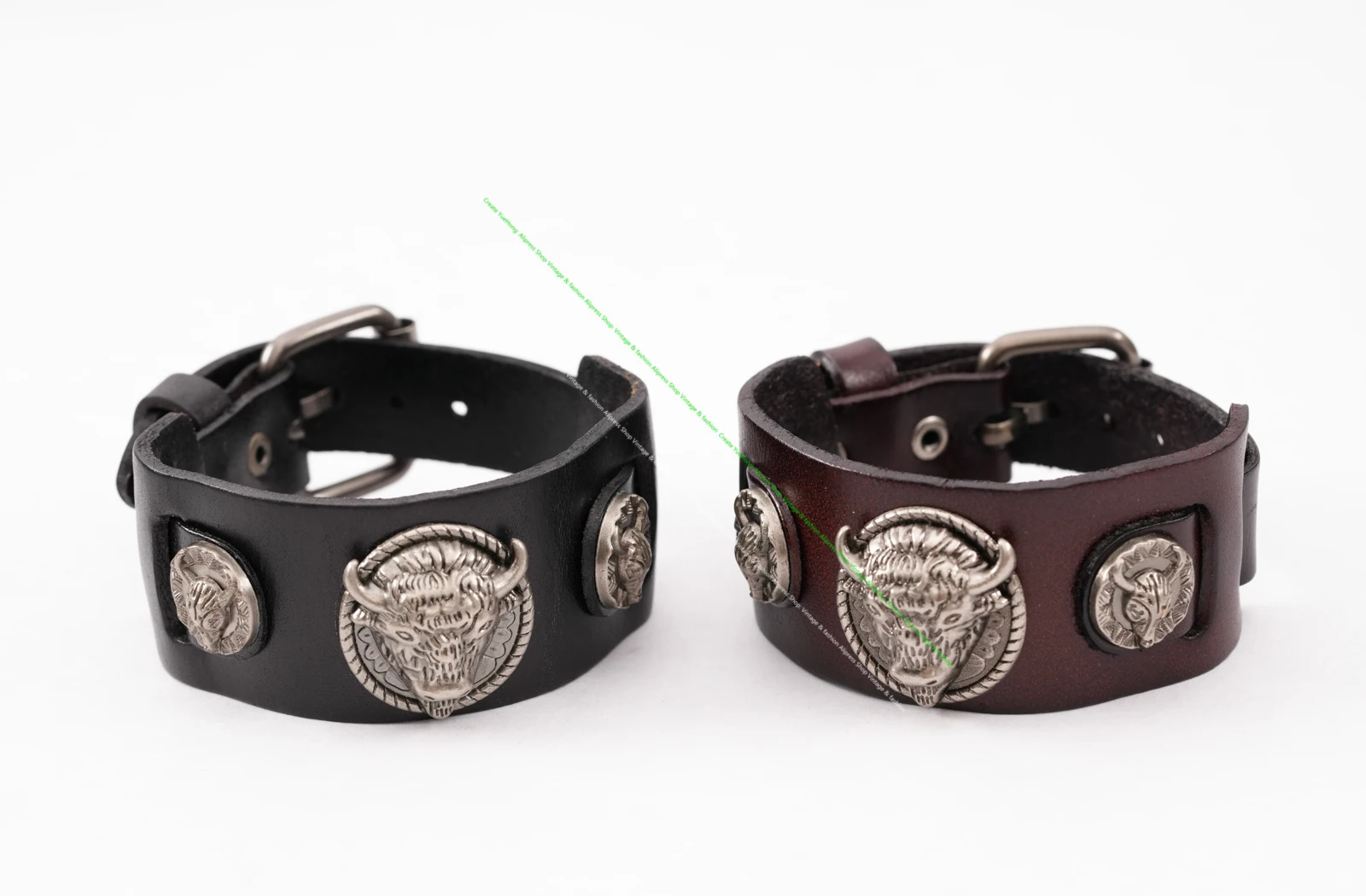Metal Longhorn Bull Studded Genuine Punk Quality Wide Cowhide Leather Bracelet Cuff Wristband Bangle Brown
