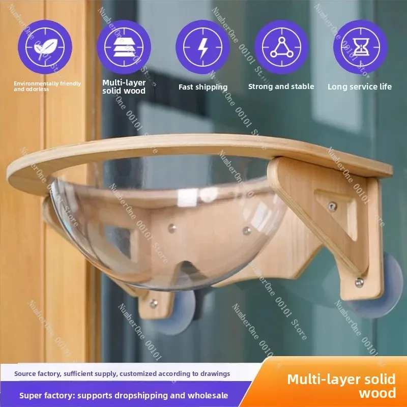 Cat Climbing Frame with Transparent Space Cabin, Solid Wood Pet Hammock Bed, Window Suction Cup No Drilling