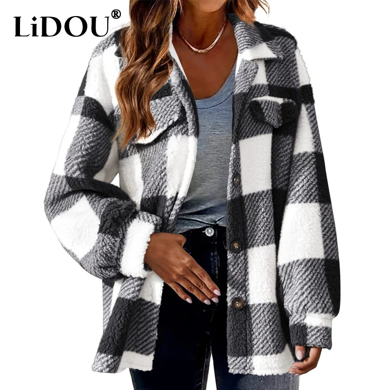 

Женская куртка с отложным воротником, Повседневная Свободная бархатная куртка в клетку, с карманами, на пуговицах, Осень-зима 2023