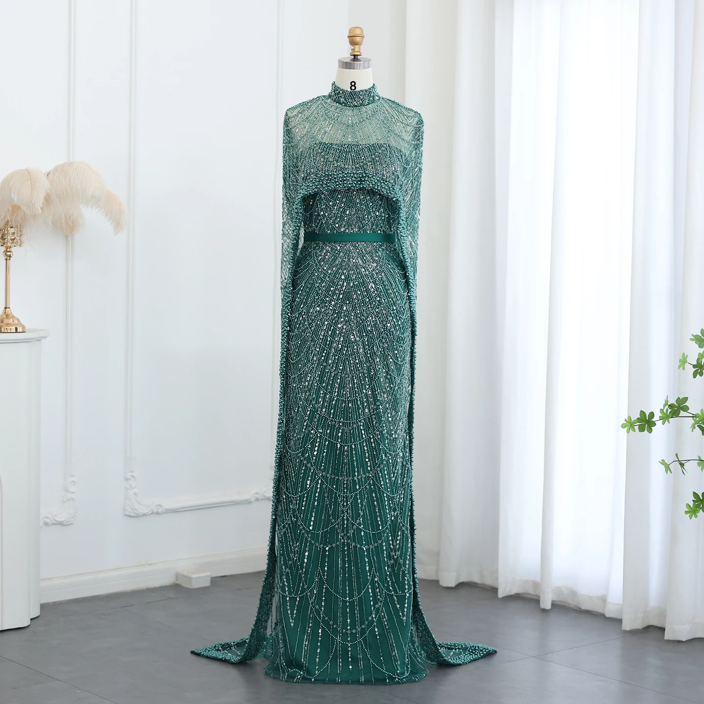 Sharon Said Luxus-Perlen Dubai Champagner Meerjungfrauen-Abendkleider mit Cape-Ärmeln Arabisches Hochzeits- und Abschlussballkleid SS369 Maßanfertigung – Detail 39