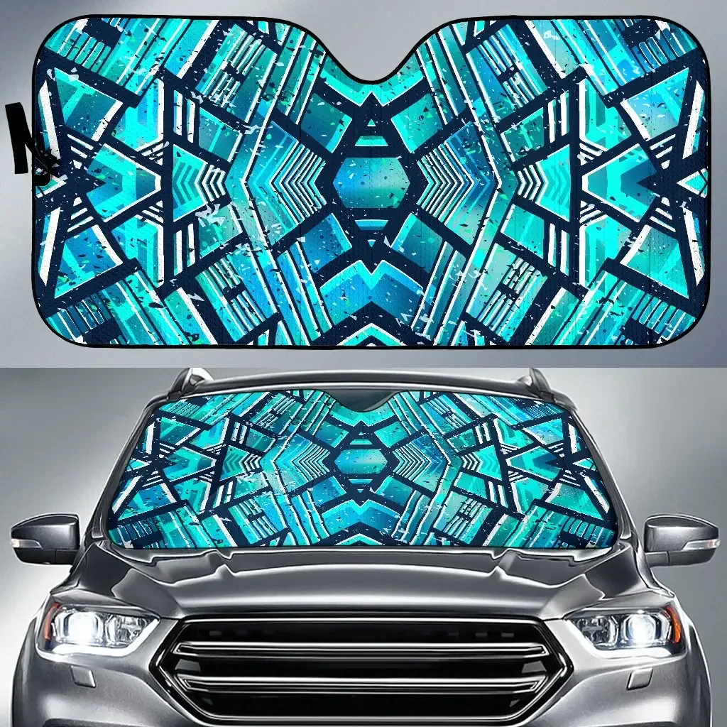 Turquoise Ethnic Aztec Trippy Print Car Sun Shade