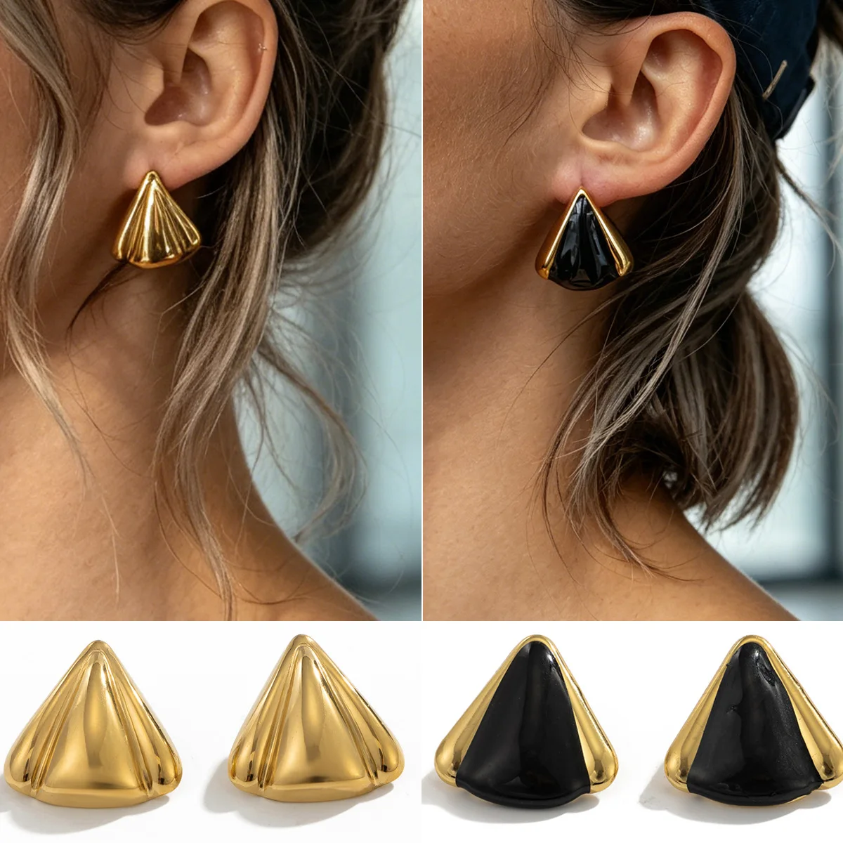 Fan Earrings Stainless Steel Enamel Triangle Geometric Business Commuter Retro Versatile Daily Office Lightweight Silver