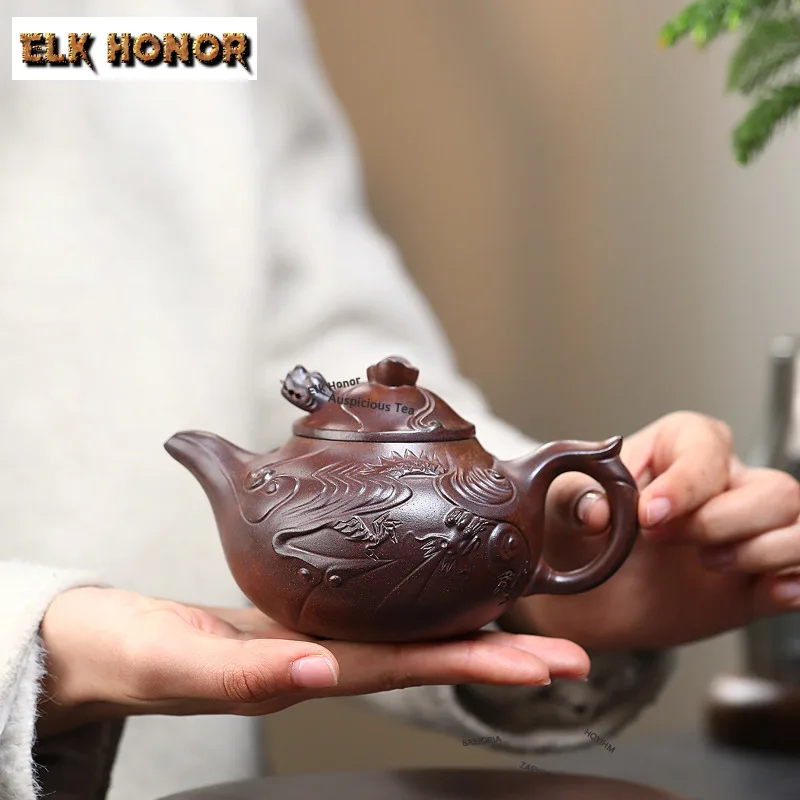 270ml Vintage Yixing Purple Clay Teapots Handmade Fish To Dargon Pot Raw Ore Wood-fired Section Mud Kettle Zisha Tea Set Teaware