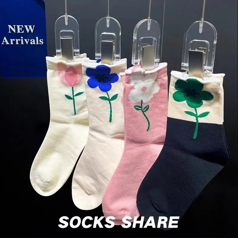 Ins Fashion For Woman Romantic Spring And Summer 3D Flower Tulip Sweet Mid Tube Cotton Socks Women's Daily Basis Cute Floral Sox