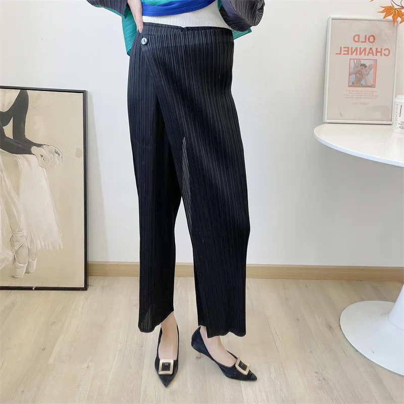 

ALSEY Miyake Design Straight Pants 2024 Summer New Button Slant Flap Pleated Loose Slim Casual Daily Wear Female Drape Trousers