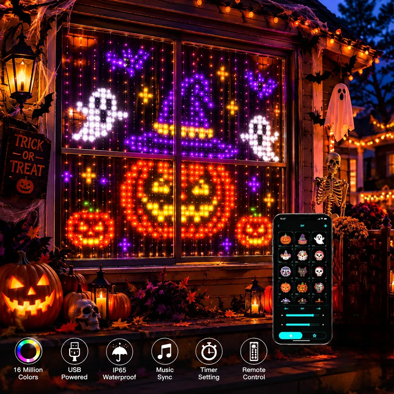 USB LED Smart Curtain Lights Halloween Waterproof Multicolor Bluetooth APP Control DIY Window Indoor Decor New