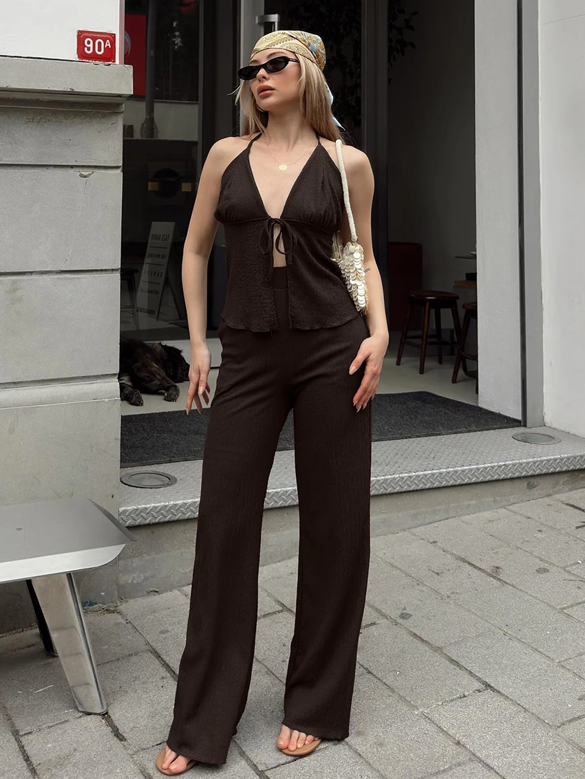 

Marthaqiqi Casual Female Sleepwear Set Sexy V-Neck Pajamas Lace Up Nightie Crop Top Nightgown Pants Women Nightwear 2 Piece Suit