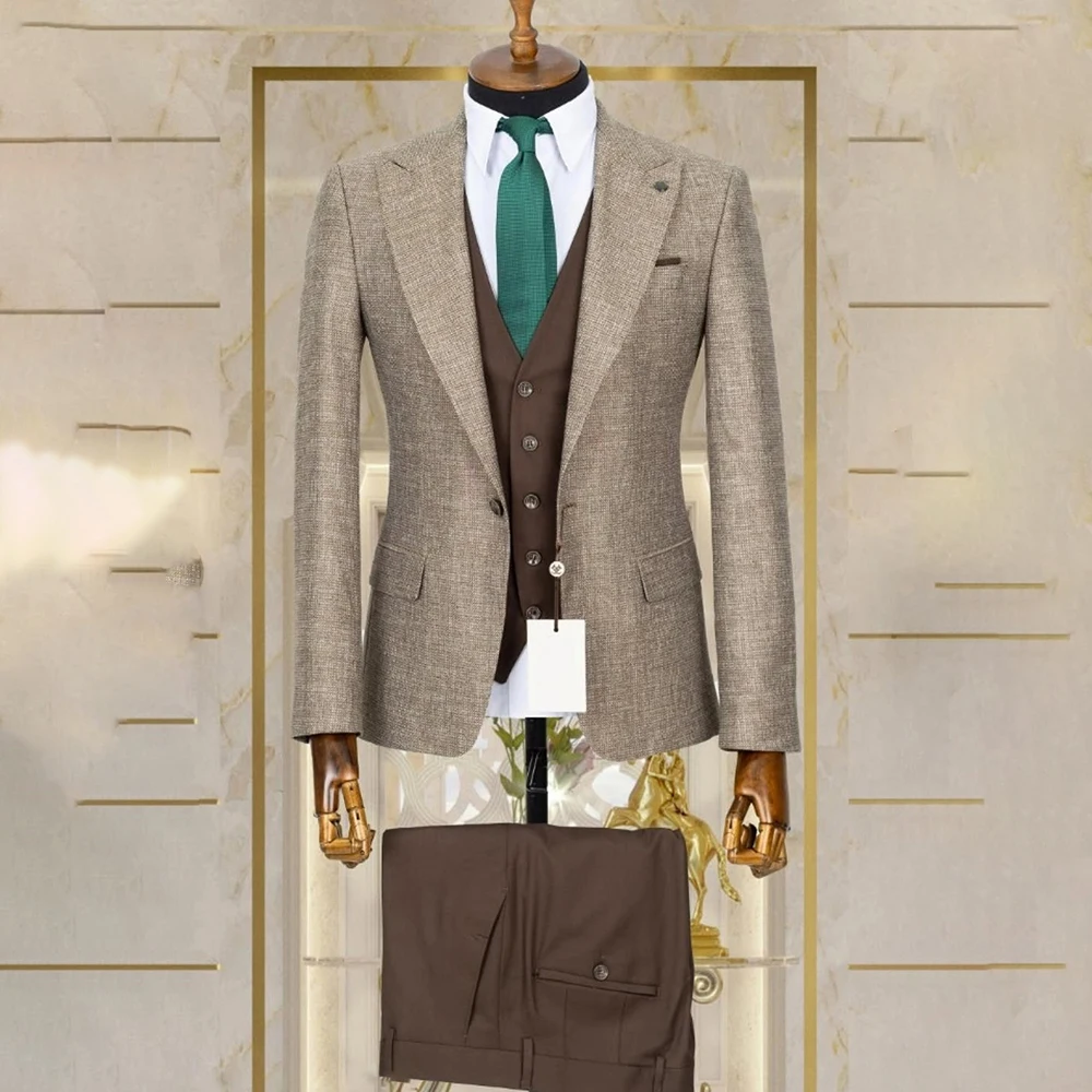 

Customized Men's Suits 3 Piece Jacket Pants Vest High Quality Single Breasted Peak Lapel Slim Fit Casual Business Male Clothing