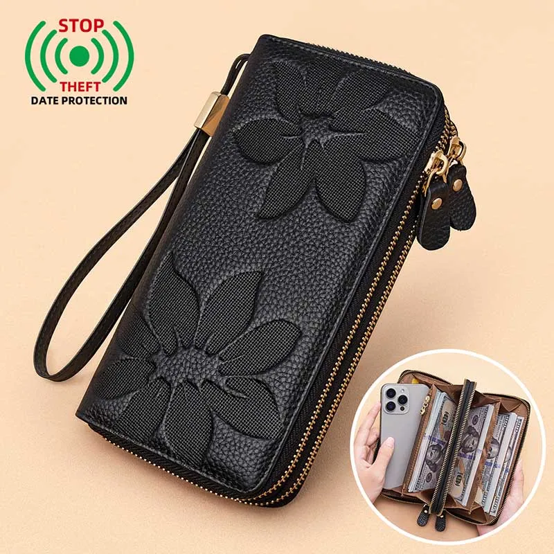 Women Vintage Genuine Top Layer Cowhide Long Wallet Large Capacity Litchi Grain Double Zipper Clutch Purse