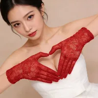Floral Lace Short Gloves Solid Color High Elasticity Sun Protection Gloves Full Finger Breathable Mesh Wedding Dress Gloves 5