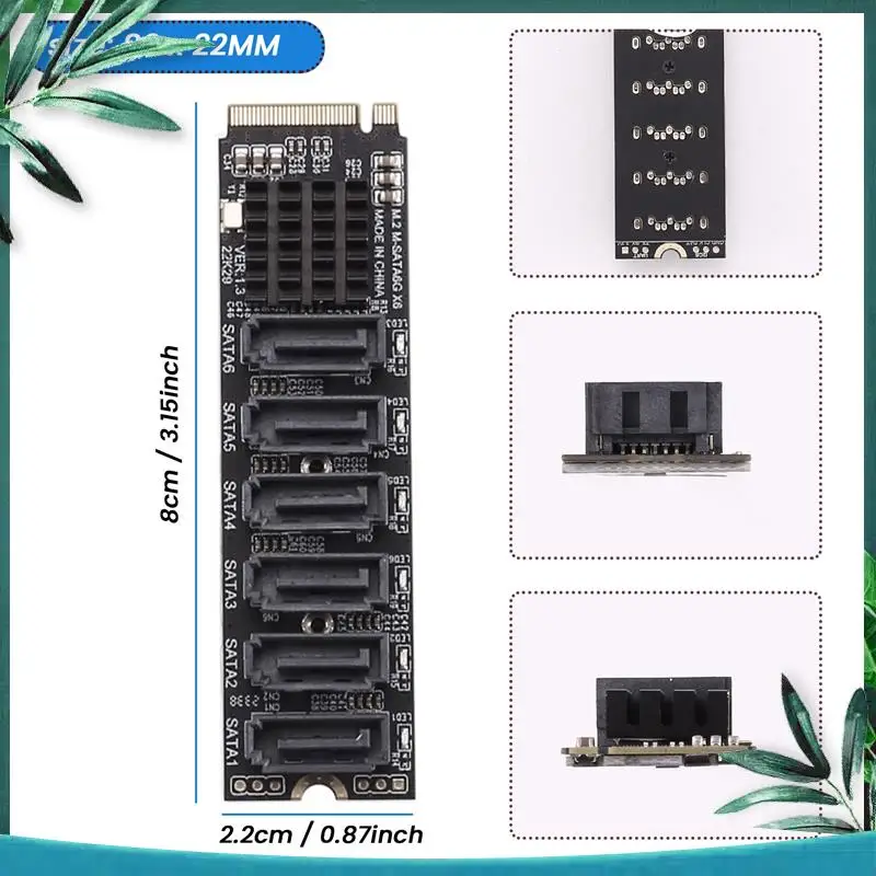 (NEW) M.2 MKEY PCI-E Riser Card M.2 NVME To SATA3.0 PCIE To SATA 6Gpbsx6-Port Expansion Card ASM1166 Support PM Function