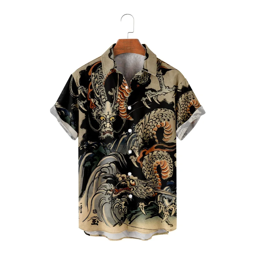 2023 Hottest Trend Anime Dragon Printed Loose Short-sleeved Men's Casual Shirts Beach Oversized Hawaiian Shirt