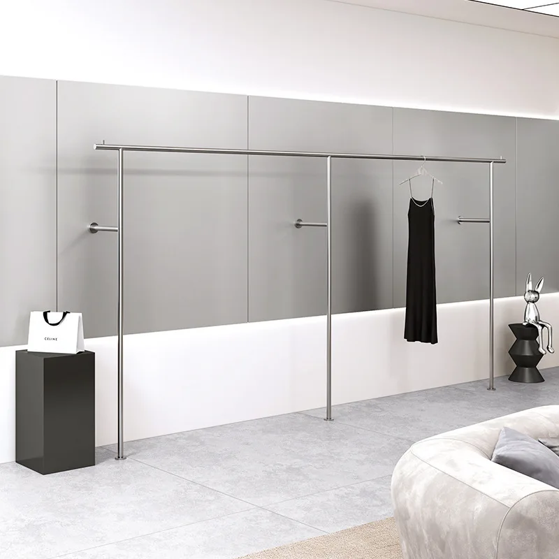 

Custom. Clothing Store Display Shelf Wall Stainless Steel Brushed Silver Floor-Type Coat Hanger Men's Women's Clothing Store Sid