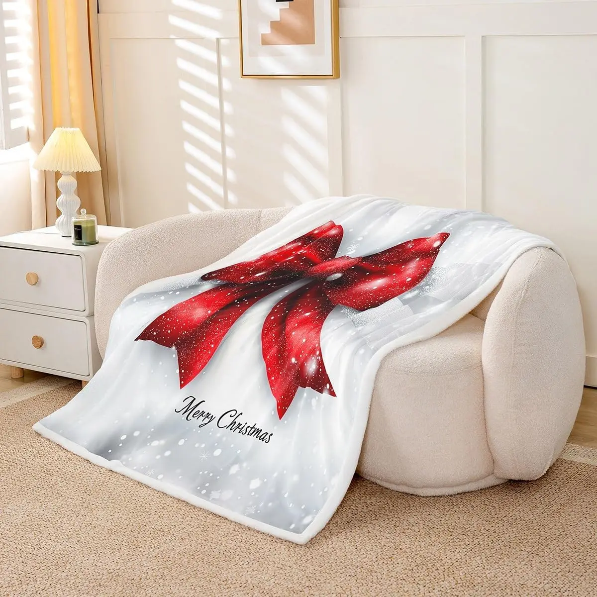 Bowknot Kids Throw Blanket,Merry Christmas Snowflake Bed Blanket,Happy New Year Fashion Girls Boys Sofa Decor,Gray Red Fuzzy