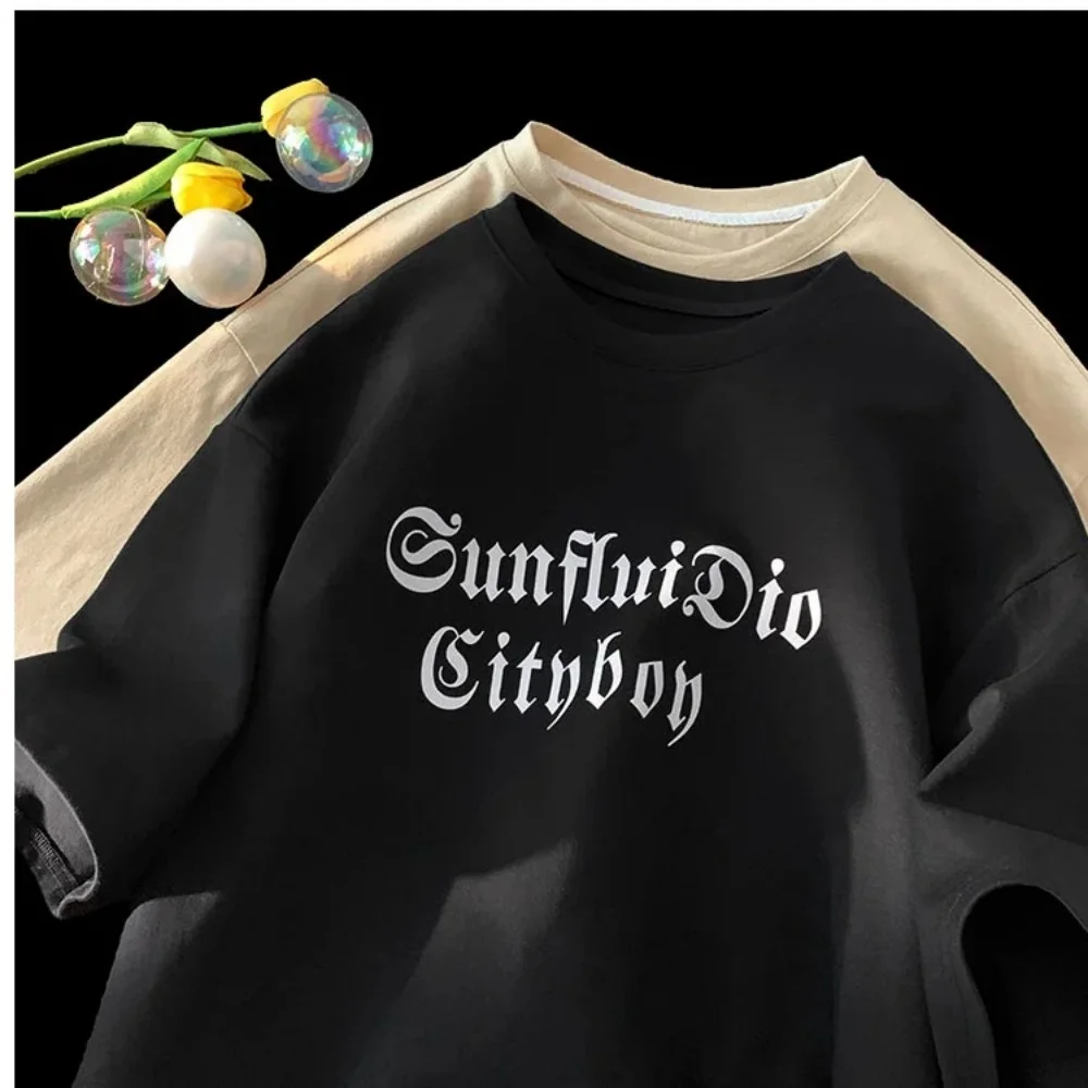 

Корейская спортивная футболка большого размера в стиле ретро — круглые молодежные футболки с короткими рукавами и графикой унисекс, топы для пар, модные повседневные летние незаменимые