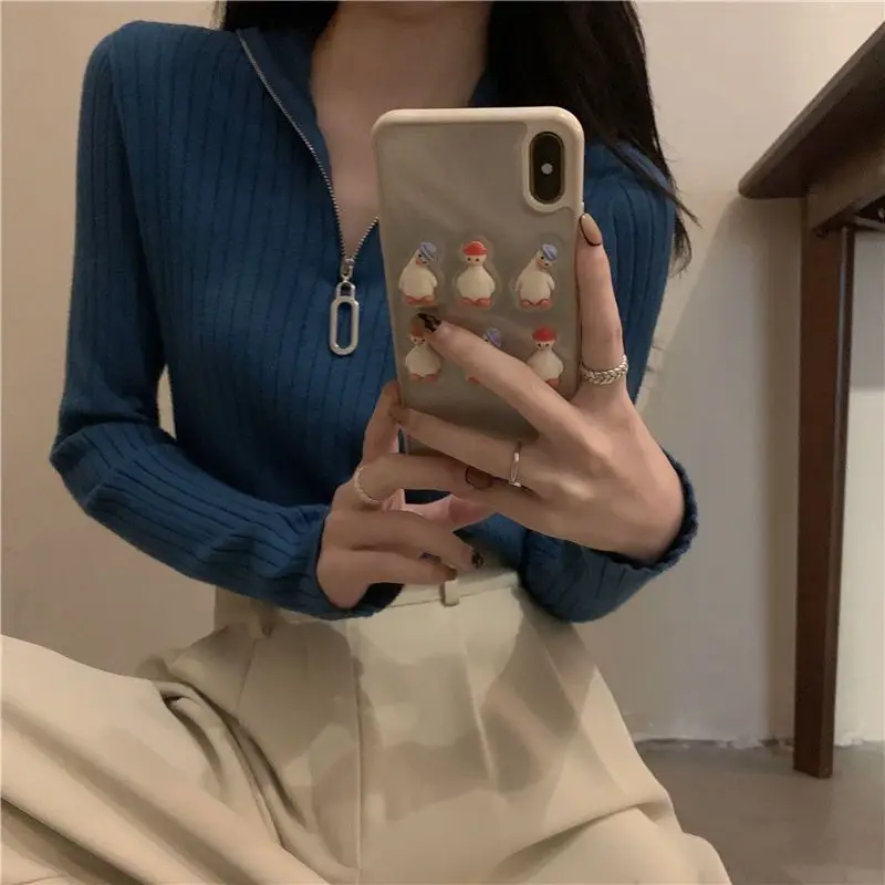 Вязаная базовая рубашка с воротником-поло на молнии, весенне-осенняя футболка с длинными рукавами, женский тонкий топ с высокой талией