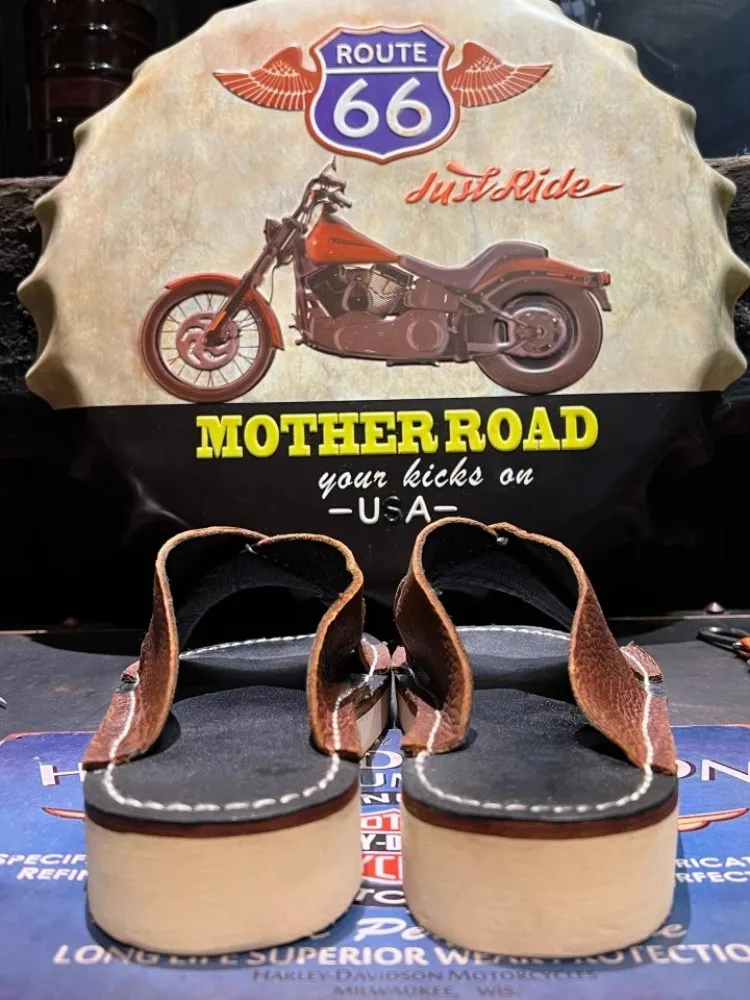 High Quality Retro Style Mens Daily Slippers Genuine Leather Handmade Height Increasing Platform Open Toe Cowhide Flip Flops
