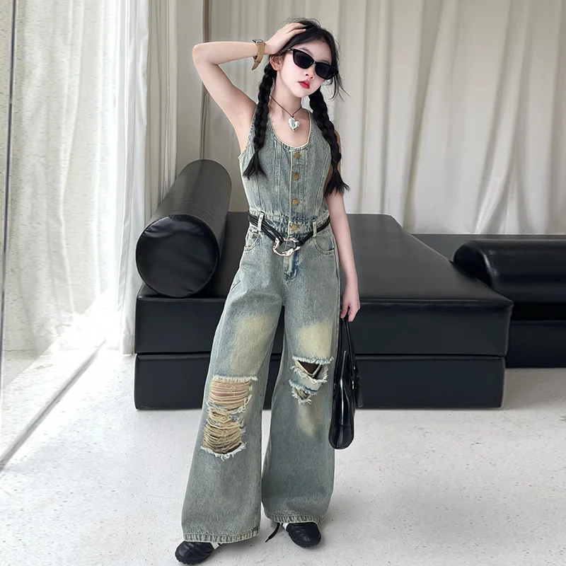 

Kids Female Denim Bodysuits for Girl Ripped Jeans Onesie Costume Tween Child Onepiece Clothes Teens Streetwear One Piece Outfits