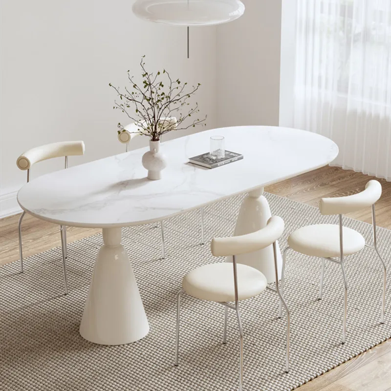 Cream style oval creative dining table and chairs designer size apartment household dining table Nordic white rock slab dining t
