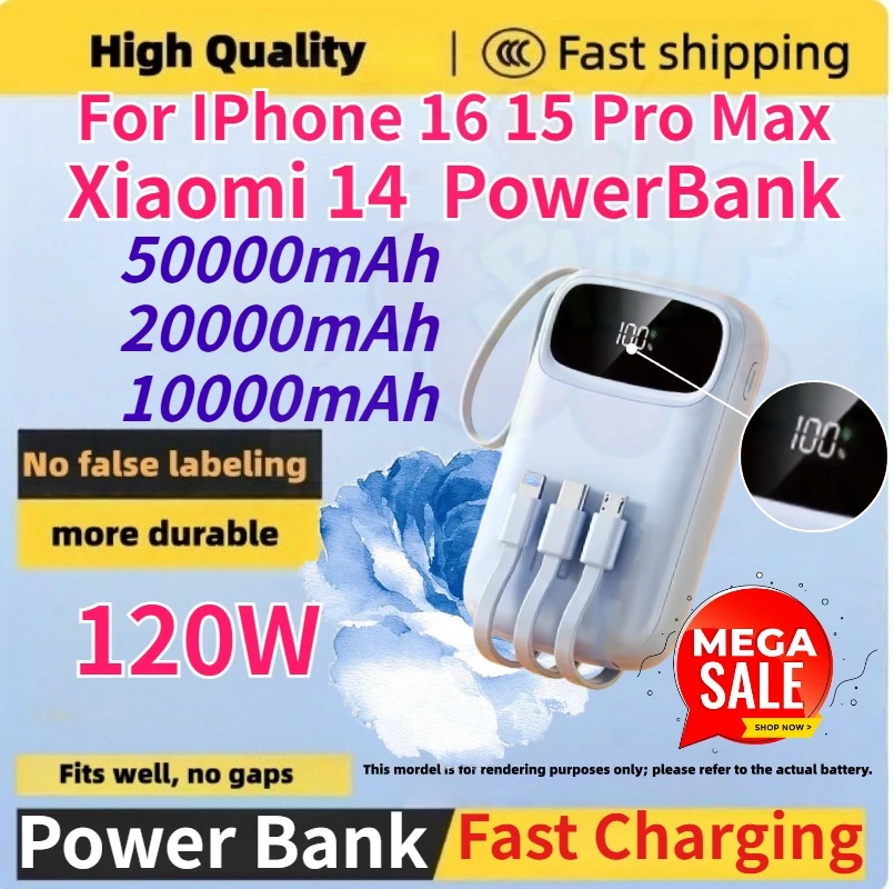 

Brand new 120W 50000mAh Power Bank Portable Charger Fast Charging Powerbank for IPhone 16 15 Pro Max Xiaomi 14 PowerBank