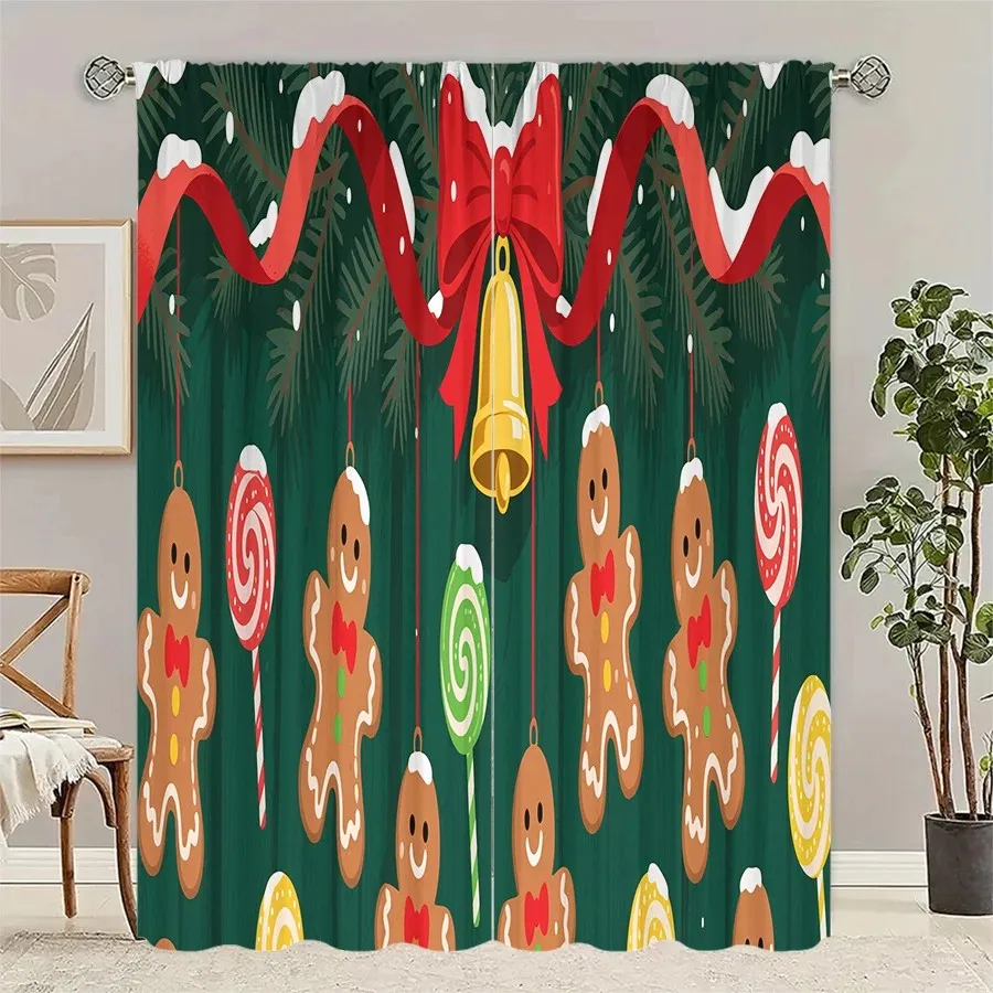 2PCS Digital Print Curtain, Gingerbread Men with Lollipops and Gold Bell, Red Ribbon on Green Background, for Window Home Decor