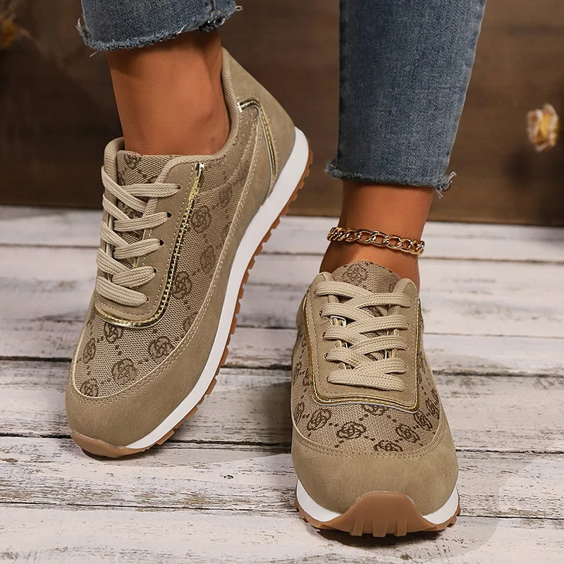 Zapatillas De deporte informales De malla transpirable para Mujer, Zapatos planos con estampado De cordones, zapatillas De plataforma para Mujer, Zapatos femeninos De talla grande