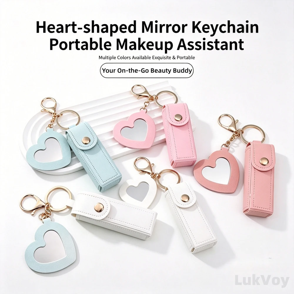 PU Leather Stylish Compact Lipstick Holder Keychain with Heart Mirror,Portable Handbag Charm for Purse,Cute TravelGift for Women