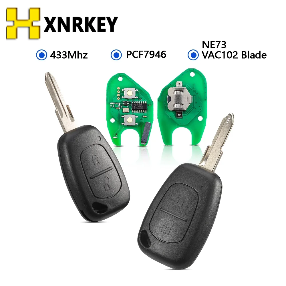 XNRKEY Xe Từ Xa Phím PCF7946 Chip 433MHZ Cho Renault Vivaro Trafic Chủ Clio Danh Lam Thắng Cảnh Movano Kangoo Chìa Khóa Xe Ô Tô Vỏ VAC102 NE73