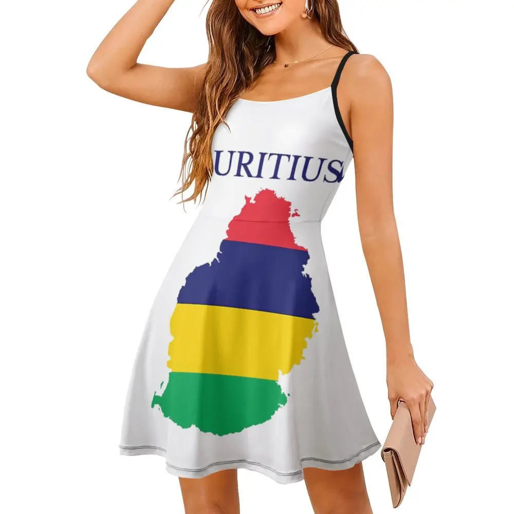 Mauritius Map Flag Women's Sling Dress Humor Graphic Suspender Dress Classic Exotic Woman's Clothing  Vacations