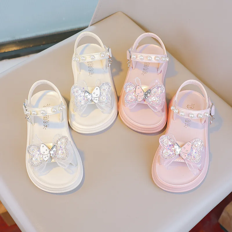 

Girls Beach Shoes Soft Sole Comfort Kids Princess Shoes Lace Butterfly 2025 Summer New Children Sandals Sweet Pearls Hook&loop