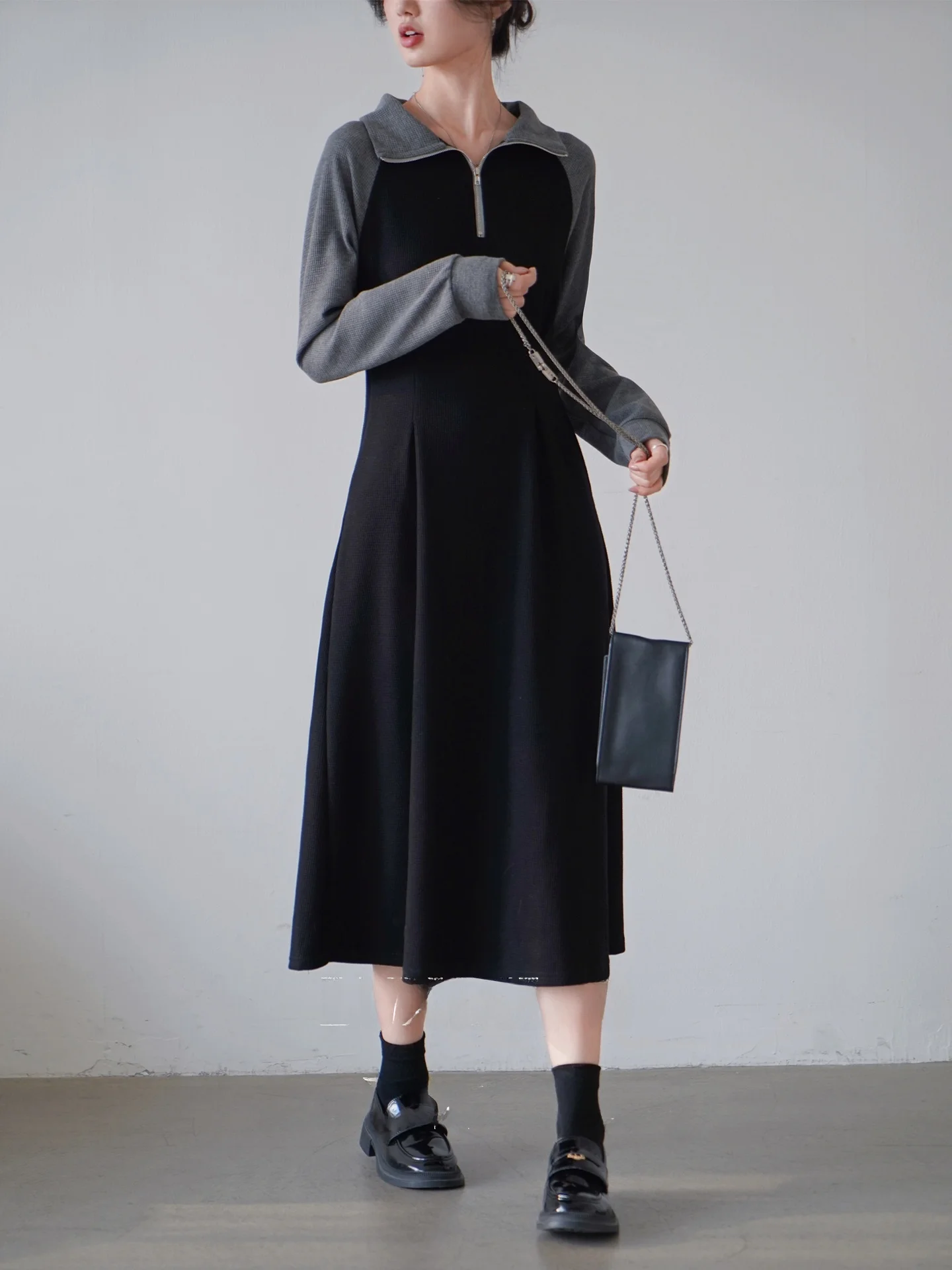 

LUXIXIAO Casual Loose Long Sleeve Zipper Design Collar A-Line Dress Color Block High Waist Spring Autumn Women's Dress